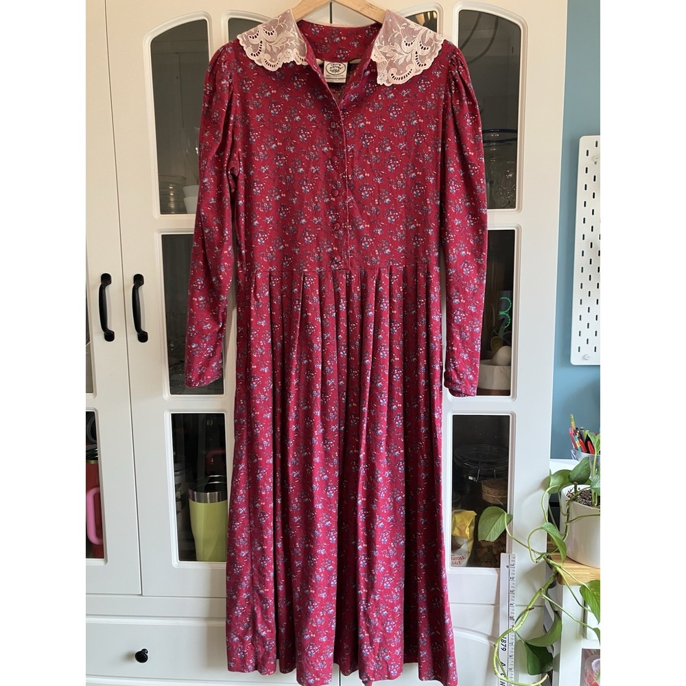 Vintage Laura Ashley Dress Made In Great Britain Lace Collar Red Floral Midi 10